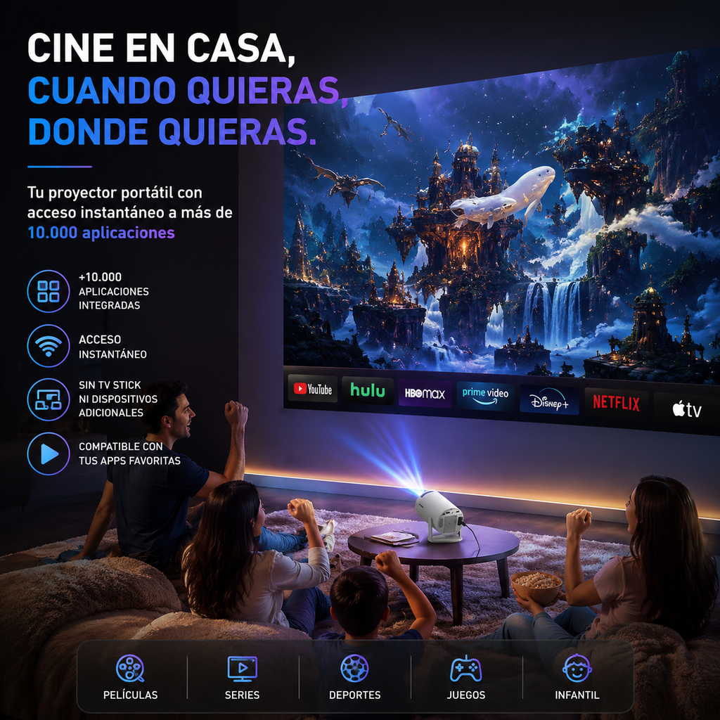 HY300 standard version portable projector directly connects to mobile phones and computers via WiFi 6, offering native 720P resolution, supporting 1080P decoding, and featuring built-in speakers. It is suitable for use in both home and outdoor settings.