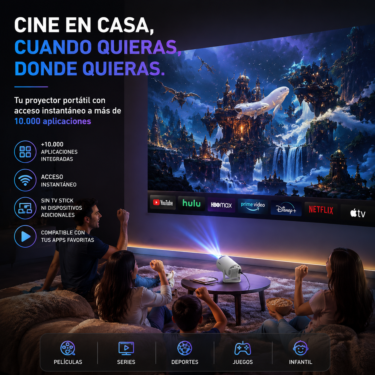 HY300 standard version portable projector directly connects to mobile phones and computers via WiFi 6, offering native 720P resolution, supporting 1080P decoding, and featuring built-in speakers. It is suitable for use in both home and outdoor settings.