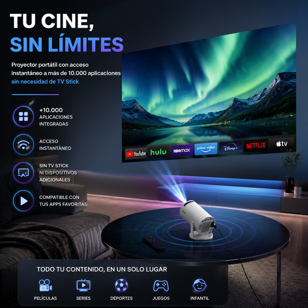 HY300 standard version portable projector directly connects to mobile phones and computers via WiFi 6, offering native 720P resolution, supporting 1080P decoding, and featuring built-in speakers. It is suitable for use in both home and outdoor settings.