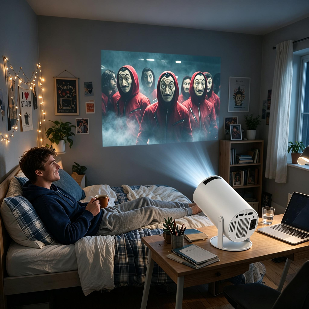 HY300 standard version portable projector directly connects to mobile phones and computers via WiFi 6, offering native 720P resolution, supporting 1080P decoding, and featuring built-in speakers. It is suitable for use in both home and outdoor settings.