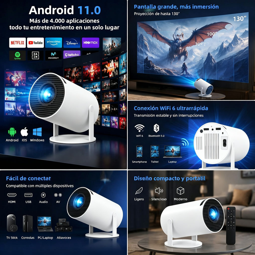 HY300 standard version portable projector directly connects to mobile phones and computers via WiFi 6, offering native 720P resolution, supporting 1080P decoding, and featuring built-in speakers. It is suitable for use in both home and outdoor settings.